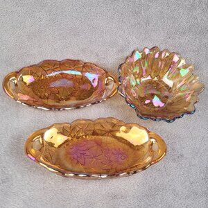 Indiana Carnival Glass Iridescent Amber Lily Pons Relish Dish & Sunflower Bowl